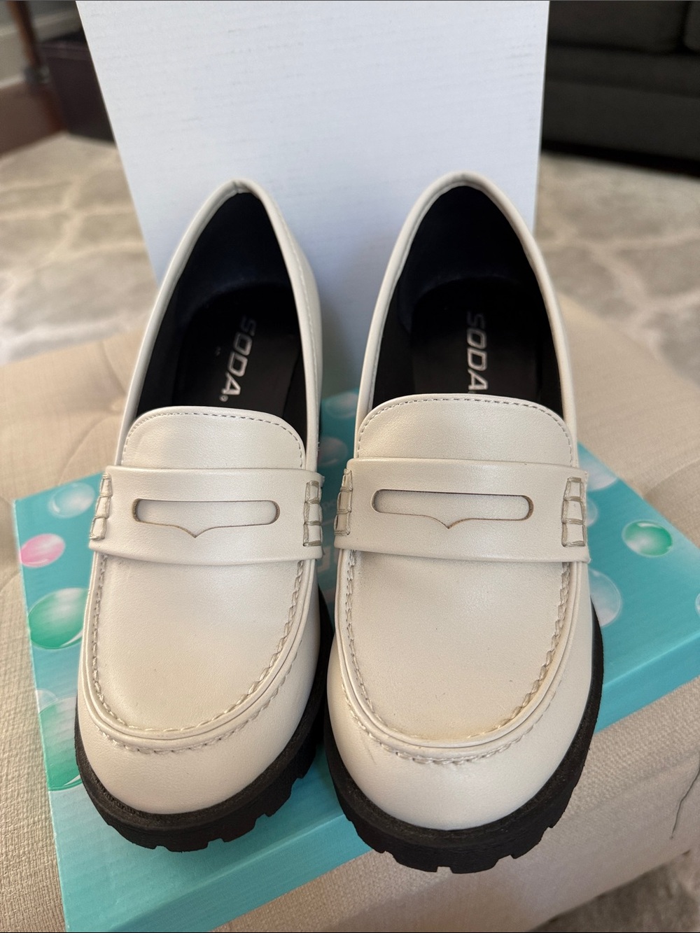 Soda Cream Penny Loafers with Chunky Black Sole, 7.5 , worn once , EUC